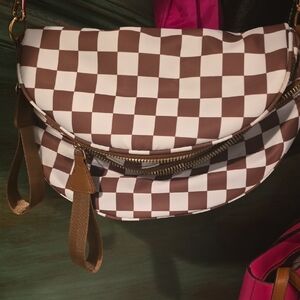 Brown and White Checkered Crossbody Bag